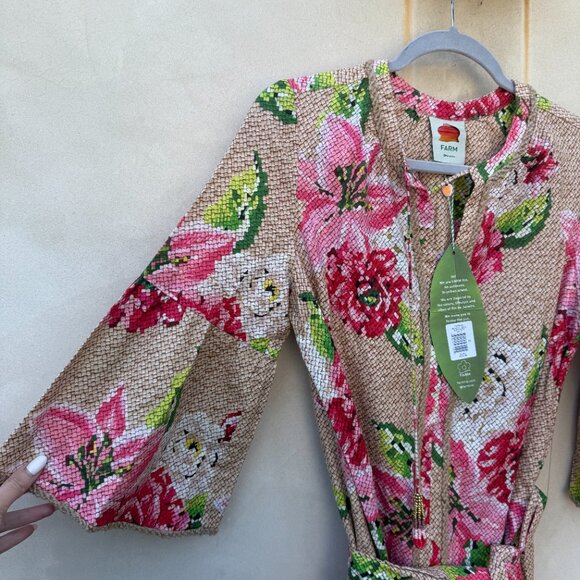 NWT Farm Rio Linen Midi Dress Woven Beige Floral Neck Tie Jute Accent Ruffles - Picture 6 of 9